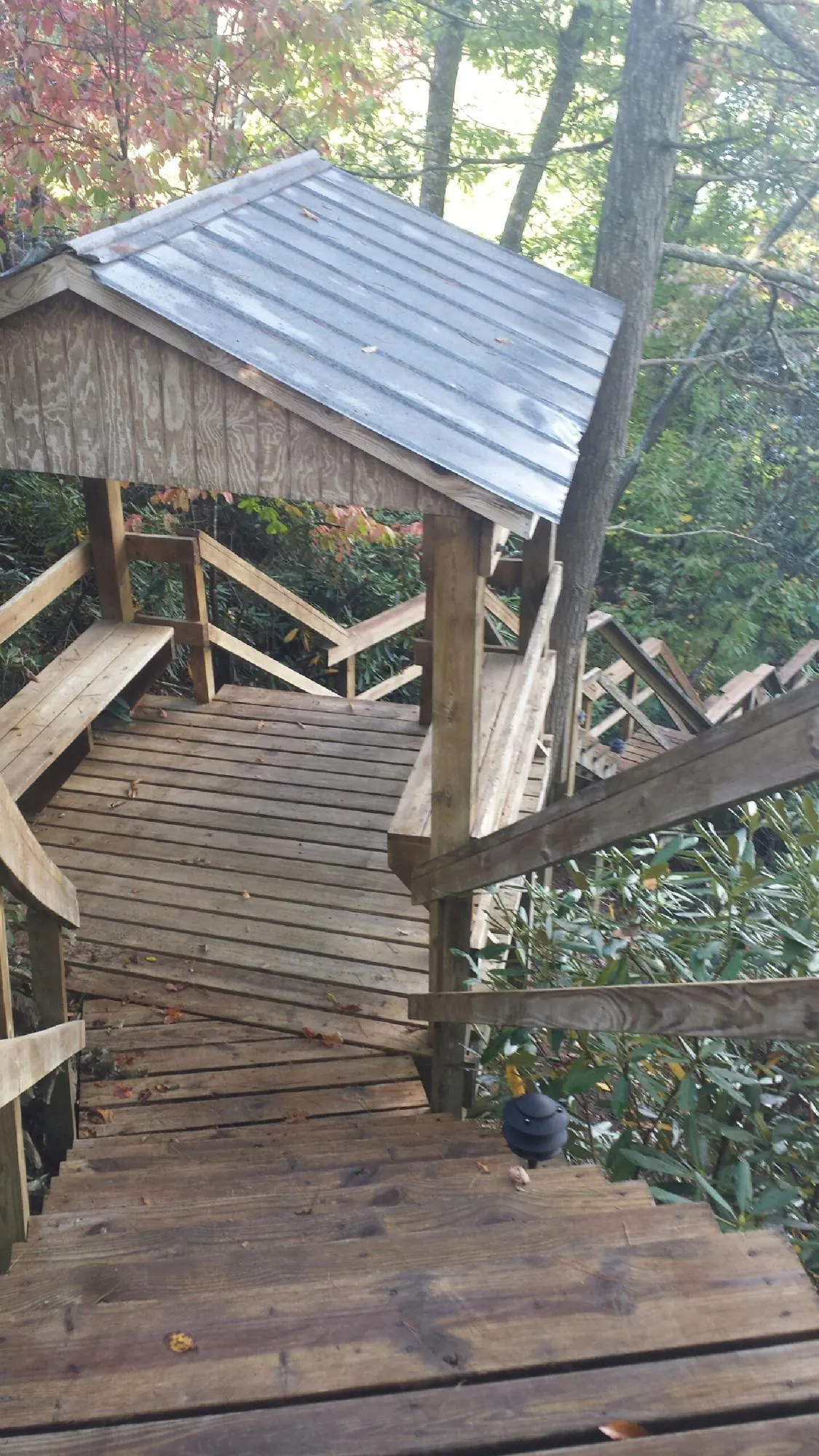 Metal roofed shelter over wooden steps on a wooded walkway — Skylight Repair & Installation work by our crew in Mokelumne Hill